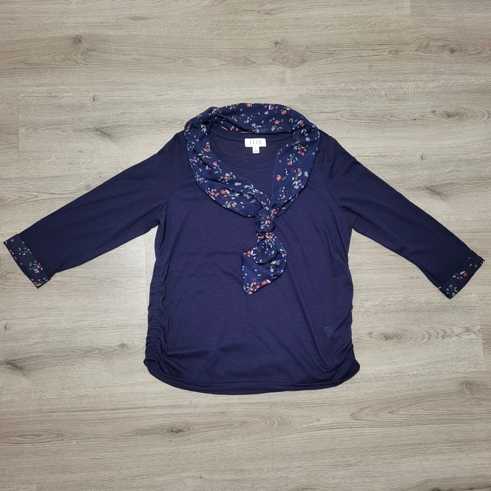 ELLE Women's Navy‎ Floral Print Top with Scarf Ruched Side Office 3/4 Sleeve XL